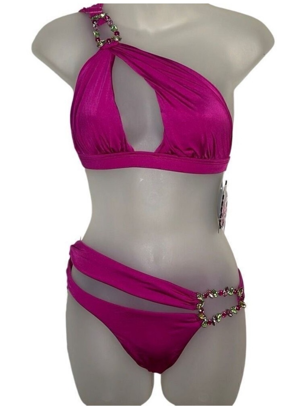 Women’s One-Shoulder Fuchsia Bikini with Jewel Accents